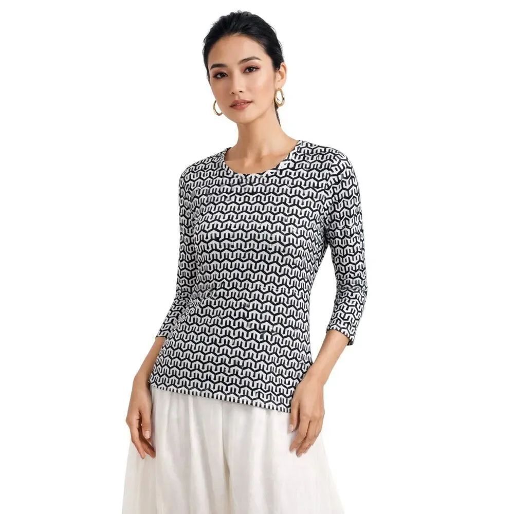 J. McLAUGHLIN Women's Geometric Print 3/4 Sleeve Blouse Blue/White Size Small